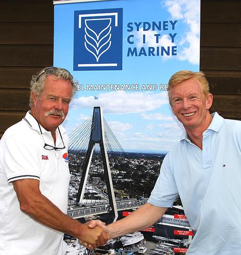 John Winning (left) and John Hickey at the Sydney City Marine Announcement - JJ Giltinan 18ft Skiff Championship 2014  © Australian 18 Footers League http://www.18footers.com.au